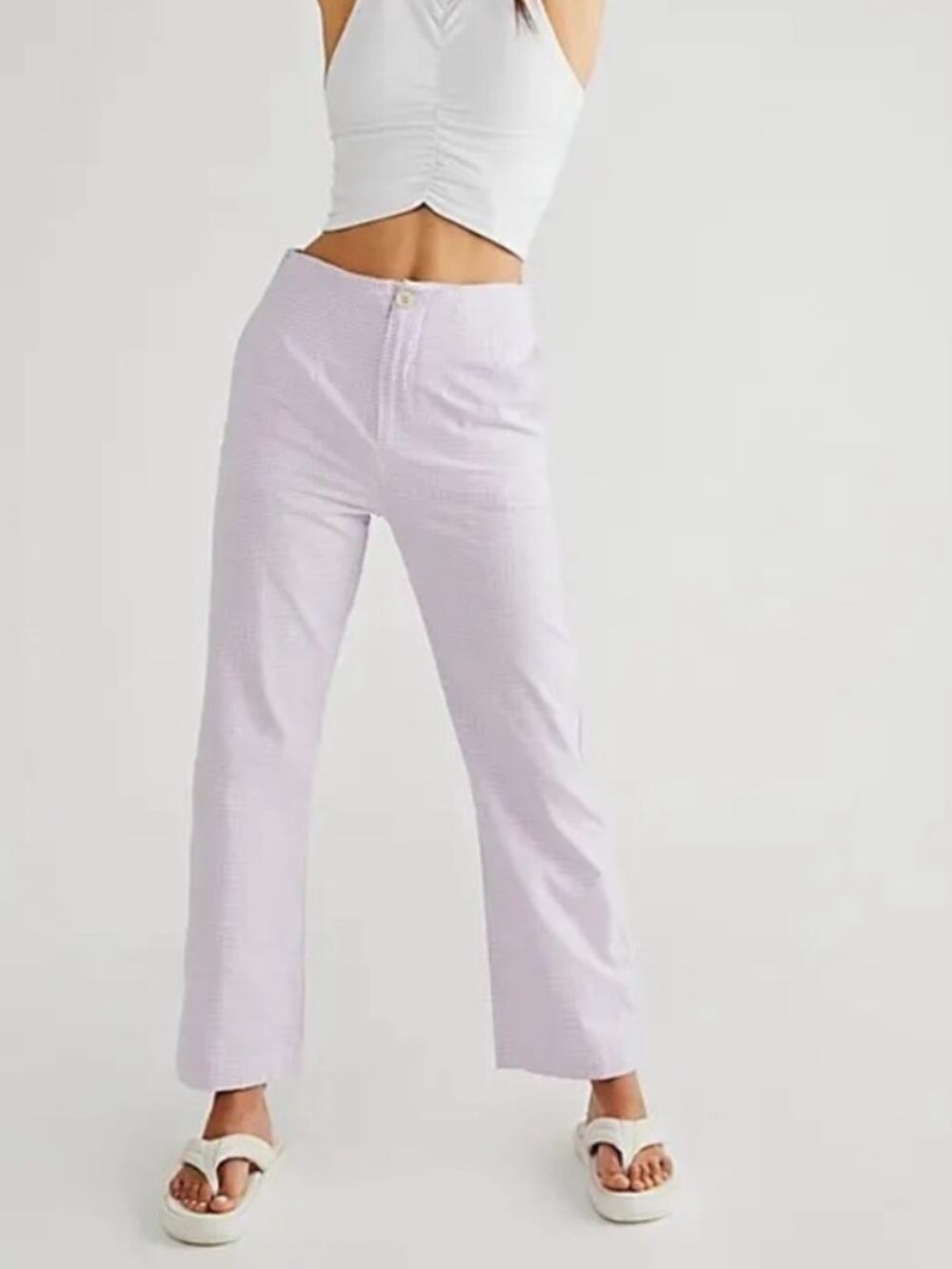 Free People FP Women’s Kate Micro Plaid Purple Gingham Straight Leg Pants Size S